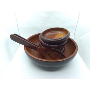 Vtg. Made In Haiti MCM Style Wooden Salald Bowl Set And 4 Small Bowl Set READ